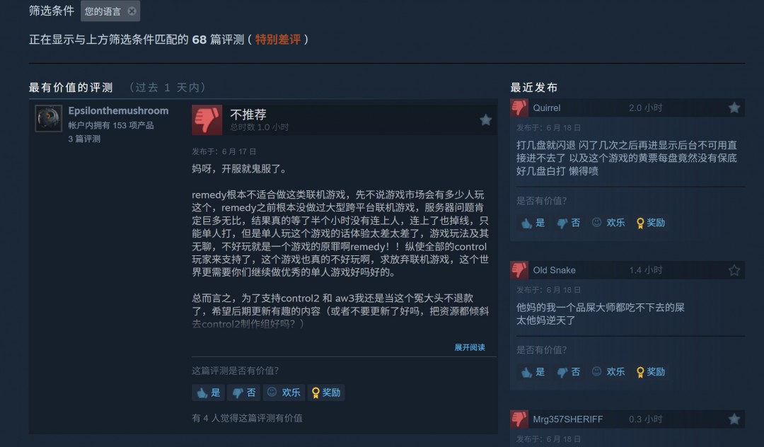 建议：Remedy新作FBC：Firebreak为何遭遇滑铁卢？Steam在线人数骤减，中文评价跌至谷底！