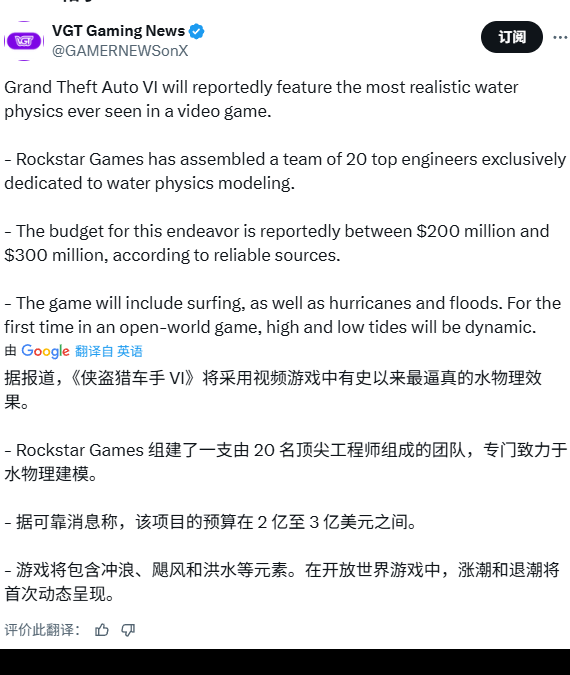 GTA6水体效果投资3亿，游戏体验能否突破想象极限？