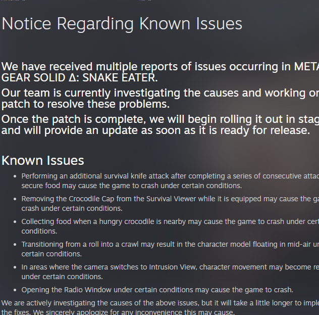 合金装备3重制版有bug?科乐美补丁何时发布? 合金装备3重制版有bug?科乐美补丁何时发布?