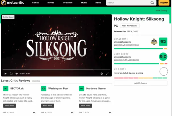空洞骑士:丝之歌M站评分超越前作,游戏体验全面升级 空洞骑士:丝之歌M站评分超越前作,游戏体验全面升级